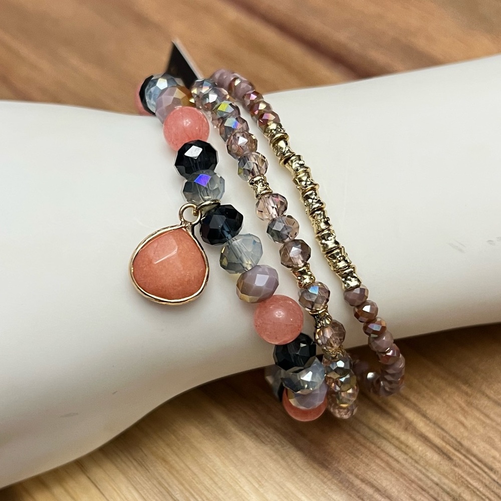 Set of 3 Beaded Stretch Bracelets Rose Pink Multicolor Faux Stone